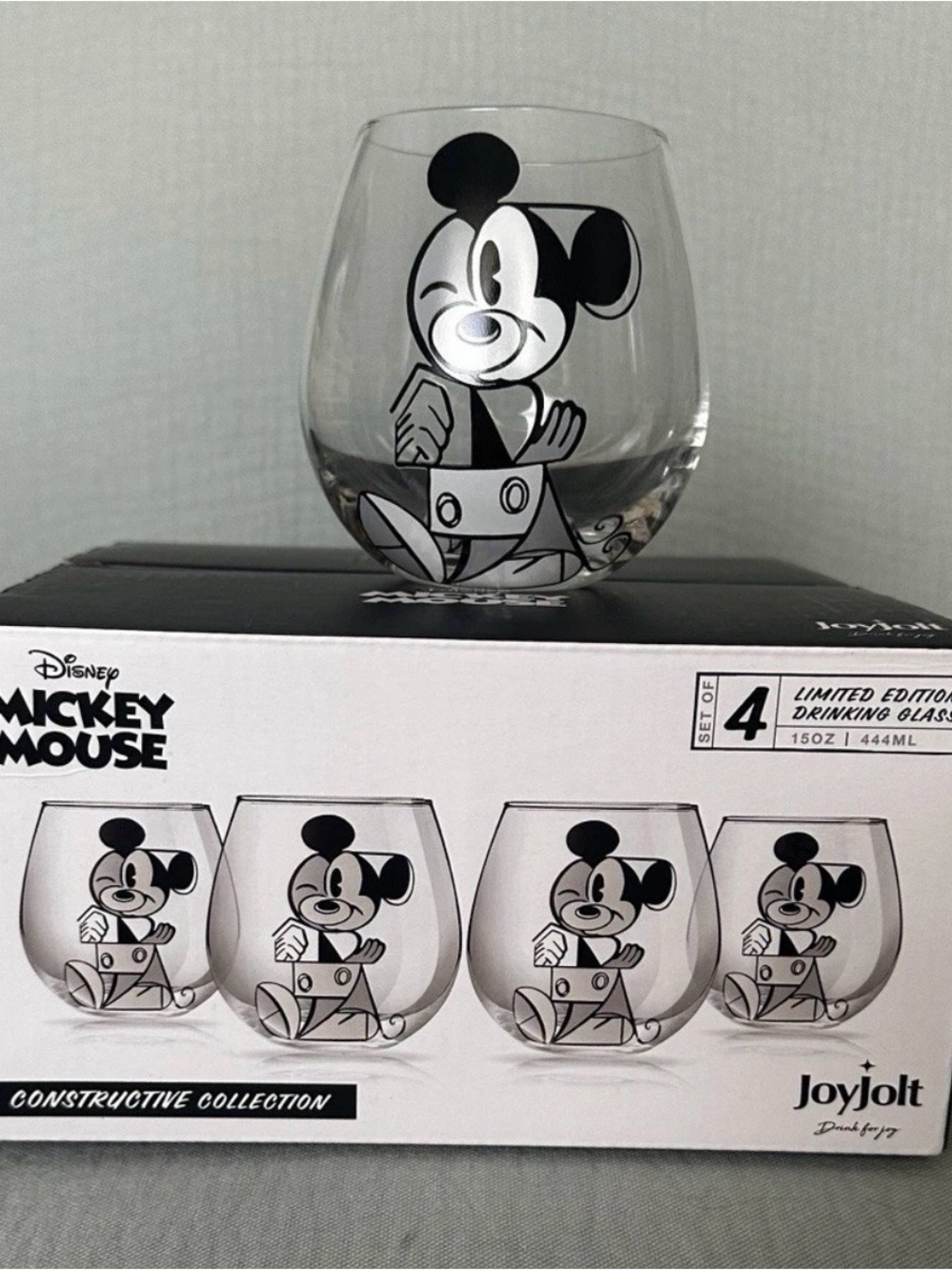 Disney Stemless Glass with Black Mickey Mouse Graphic (4) New